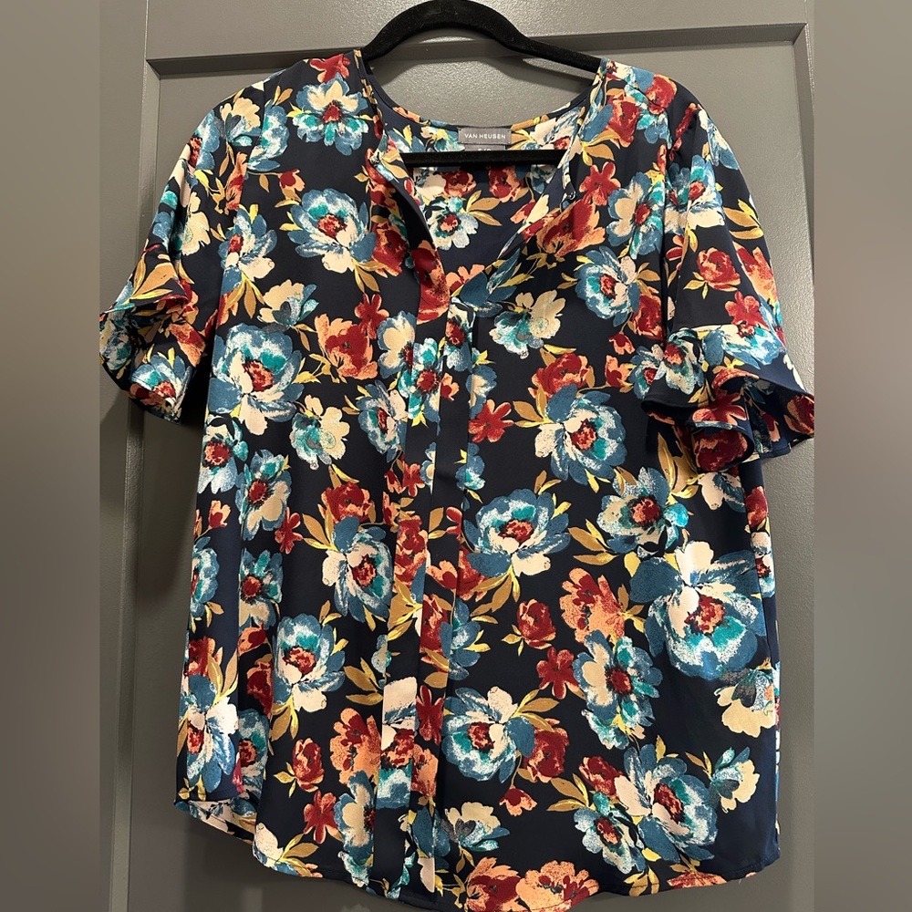 Van Heusen short sleeve multicolor floral ruffle sleeve blouse